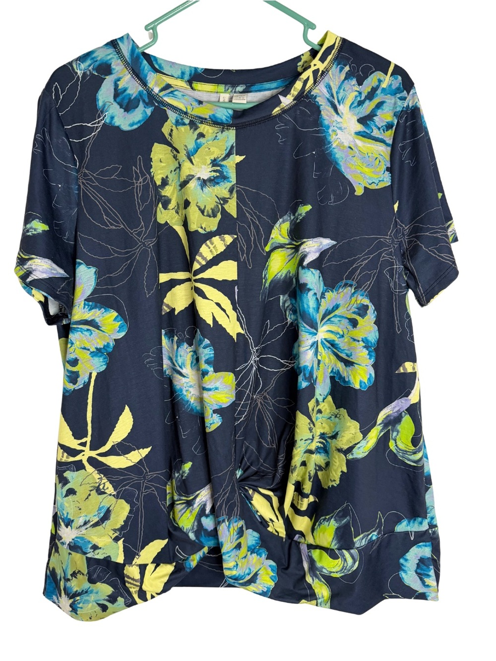 3/$20 Live Well Active Short Sleeve Navy Blue Floral Twist-Front Tee